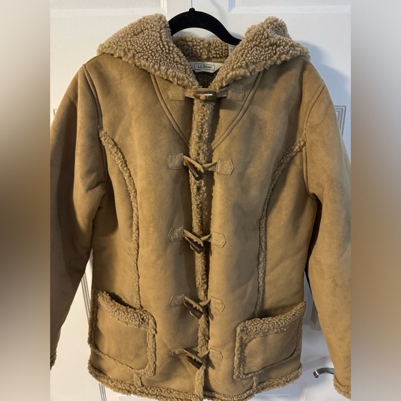 LL Bean Suede Sherpa Lined Hooded Toggle Coat VTG Boho Rancher Penny Lane Indie - Picture 11 of 15